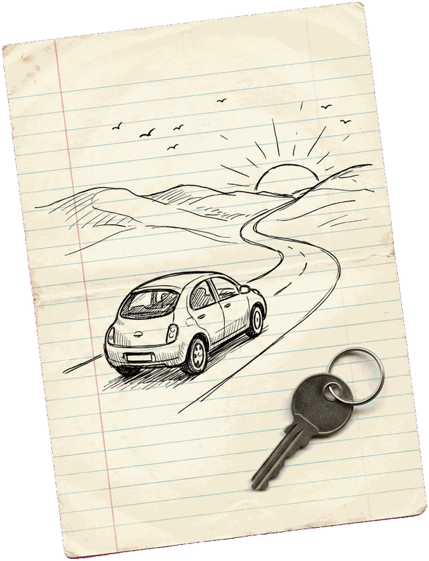 A pencil sketch on lined paper of a car driving along a winding country road towards the sunrise